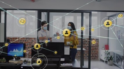 Poster - Animation of network of connections with icons over business people in office