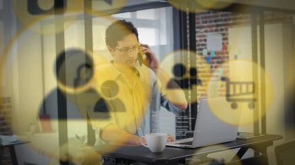 Poster - Animation of shopping icons over businessman in office