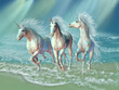 Sea Unicorns - A herd of unicorns gallop through the waves as sunrays shine down on the ocean.