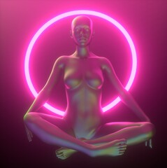 Wall Mural - 3D illustration of a meditating woman with a neon halo in the lotus position. The concept of a supreme artificial intelligence or cyber godhead.