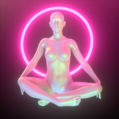 Poster - 3D illustration of a meditating woman with a neon halo in the lotus position. The concept of a supreme artificial intelligence or cyber godhead.
