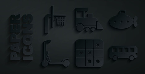 Wall Mural - set tic tac toe game, submarine toy, scooter, bus, toy train and basketball backboard icon. vector