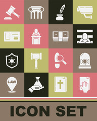 Poster - Set Oath on the Holy Bible, Flasher siren, Prisoner, Feather and inkwell, Judge, Identification badge, gavel and Bribe money cash icon. Vector