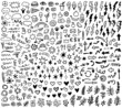 Vector set of different doodles, bubbles, food, hearts, stars, arrows, lightnings, branches, signs and symbols. Hand drawn elements, isolated on white background.