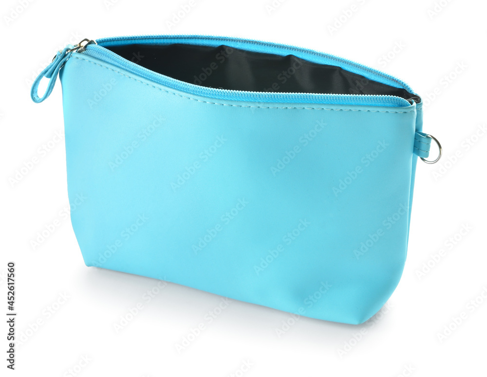 Stylish cosmetic bag on white background