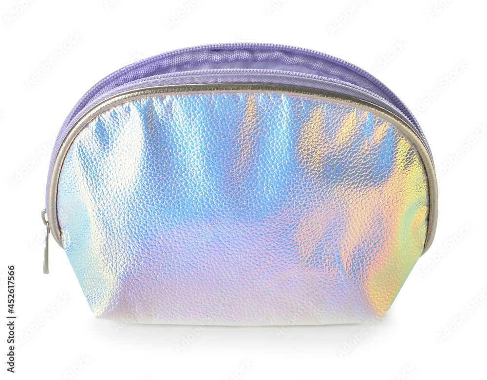 Stylish cosmetic bag on white background