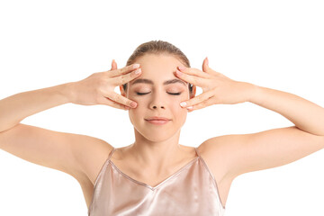 Sticker - Beautiful young woman doing facial yoga on white background