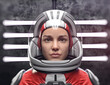 Woman astronaut with red space suit and helmet - 3d rendering