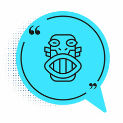 Wall Mural - Black line Mexican mayan or aztec mask icon isolated on white background. Blue speech bubble symbol. Vector