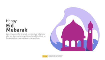 Wall Mural - Happy eid mubarak or ramadan greeting with people character. islamic design illustration concept for template for web landing page, social, poster, ad, promotion, print media, banner or presentation