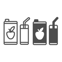 Poster - Apple juice in box, glass of juice and straw line and solid icon, beverage concept, soft drink vector sign on white background, outline style icon for mobile concept and web design. Vector graphics.