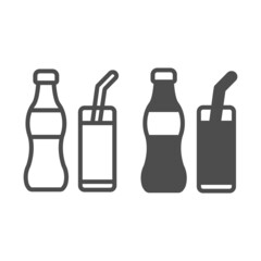 Poster - Soda bottle with glass and straw line and solid icon, beverage concept, soft drink vector sign on white background, outline style icon for mobile concept and web design. Vector graphics.