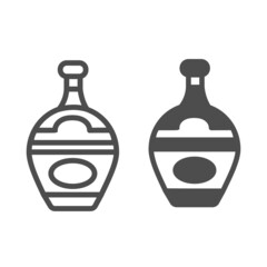 Poster - Bottle of gin, liqueur, brady, cognac line and solid icon, bar concept, alcoholic beverage vector sign on white background, outline style icon for mobile concept and web design. Vector graphics.