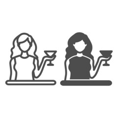 Poster - Woman with a glass of Martini line and solid icon, bar concept, girl with cocktail vector sign on white background, outline style icon for mobile concept and web design. Vector graphics.