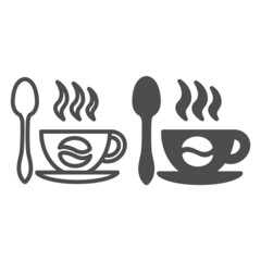 Poster - Cup of coffee on sauser, coffee bean and spoon line and solid icon, beverage concept, hot drink vector sign on white background, outline style icon for mobile concept and web design. Vector graphics.