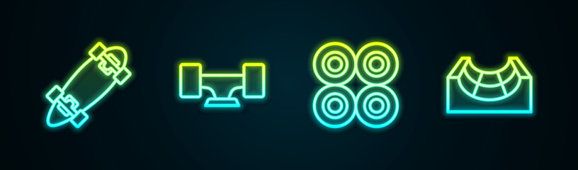 Set line Longboard or skateboard, Skateboard wheel, and park. Glowing neon icon. Vector