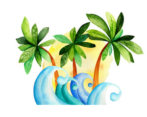 Summer watercolor logo. Hand-drawn green palms and blue waves. Surfing, sports, vacation