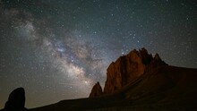 Time Lapse Of Milky Way Galaxy Over Massive Rocks In Shiprock In New Mexico