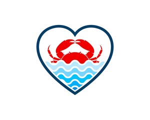 Sticker - Love shape with abstract beach wave and red crab inside