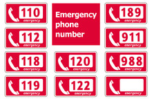 110, 112, 118, 119, 120, 189, 911, 988, 999, Emergency Phone Number 10 Pieces USA EU Japan.　landscape Background.