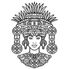 Wall Mural - Animation portrait of the pagan goddess  based on motives of art Native American Indian.   Monochrome decorative drawing. Vector illustration isolated on a white background.