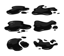 Puddle Of Oil Slick Spill Isolated On The White Background. Set Of Black Stain. Vector Illustration