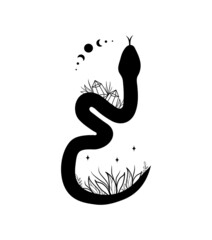 Wall Mural - Magic snake in boho style with moon. Mystical symbol in a trendy minimalist style. Esoteric vector illustration.