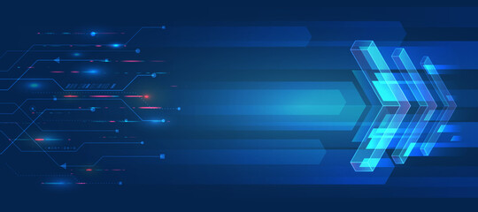 Neon glowing lines on a blue background. High tech technology concept for banner or presentation. Futuristic background made of arrows blocks.