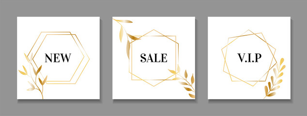 Wall Mural - vector backgrounds for social media posts with golden frames and leaves. premium design templates fo