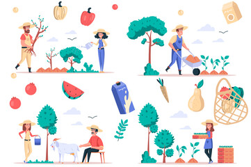 Aufkleber - Farming and gardening isolated elements set. Bundle of people plant trees and seedling, care of plants and goats, grow fruits and vegetables. Creator kit for vector illustration in flat cartoon design