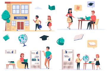 Aufkleber - Back to school isolated elements set. Bundle of children rush to school, classmates study in classroom, student in library, study geography. Creator kit for vector illustration in flat cartoon design