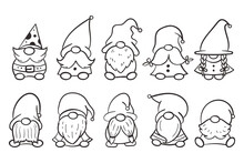 Line Art Christmas Gnomes Design For Coloring Book Isolated On A White Background