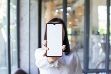 Close up of woman hand showing blank phone screen. Concept of technology communication.