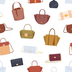 Poster - Seamless pattern with different women bags, handbags, purses and clutches on white background. Endless repeating wrapping design with modern fashion accessories. Flat vector illustration for printing