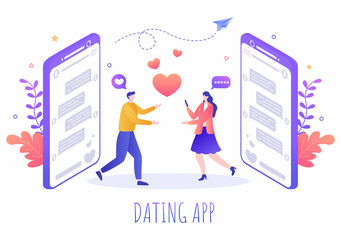 Dating App For a Couple With Male and Female in Smartphone If Match Become Love or Relationships. Background Flat Design Vector Illustration