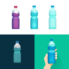 Poster - Soda mineral water bottle vector isolated set with juice lemonade drink beverage color liquid bottled set flat cartoon illustration clipart