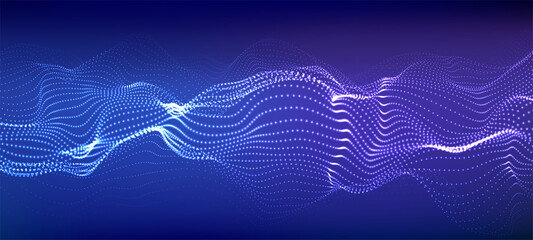 Poster - Color music sound wave. Abstract futuristic background of particles. Vector technology dynamic dots background. Big data visualization.