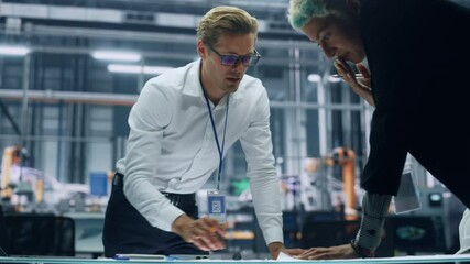 Leinwandbilder - Two Young Automotive Engineers Working in Office at Car Factory. Industrial Designer and Colleague Discussing Different Applications of a Metal Pinion Gear in Personal Mobility Vehicles.
