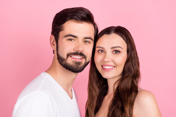 Sticker - Photo of positive couple lean together touch cheeks white smile wear casual outfit isolated pink color background