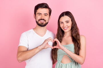 Wall Mural - Photo of nice young brown hair couple show heart wear white t-shirt dress isolated on pink color backgound