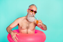 Photo Of Old Man Drink Alcohol Enjoy Cocktail Wear Rubber Circle Sunglass Isolated Turquoise Color Background