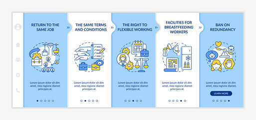 Return to work employee rights onboarding vector template. Responsive mobile website with icons. Web page walkthrough 5 step screens. Get back to same workplace color concept with linear illustrations