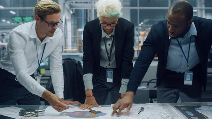 Poster - Young Diverse Team of Automotive Engineers Working in Office at Car Factory. Industrial Designer Talks About Electric Engine Parts with Colleagues, Discussing Technical Blueprint for Mobility Project.