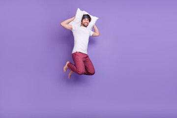 Canvas Print - Full body portrait of overjoyed carefree person hold pillow behind head toothy smile isolated on violet color background