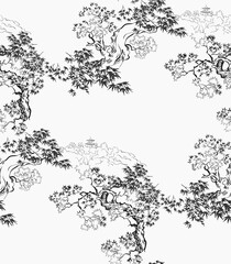 Wall Mural - mountain landscape asian chinese japanese engraved vector seamless pattern