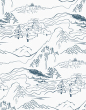 Mountain Landscape Asian Chinese Japanese Engraved Vector Seamless Pattern