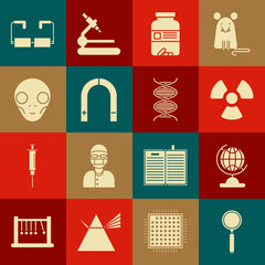 Poster - Set Magnifying glass, Earth globe, Radioactive, Medicine bottle and pills, Magnet, Extraterrestrial alien face, Glasses and DNA symbol icon. Vector