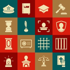 Wall Mural - Set Oath on the Holy Bible, Prison window, User protection, Graduation cap, Feather and inkwell, Old hourglass, Police with cockade and Face recognition icon. Vector