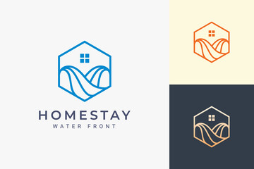 Wall Mural - Ocean or waterfront apartment logo in simple line and hexagon shape