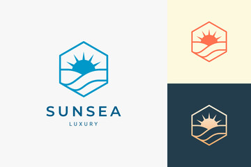 Wall Mural - Sun and sea logo in simple and clean hexagon shape